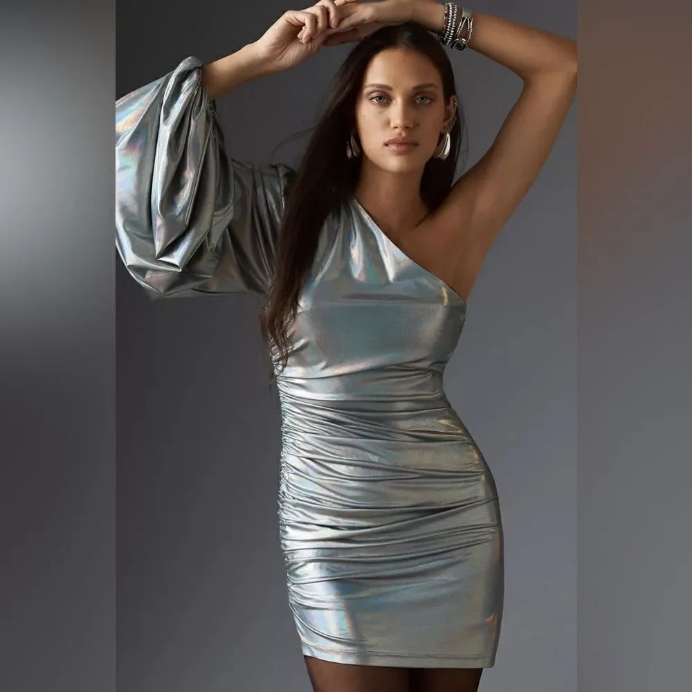 New Anthropologie Hutch One-Shoulder Shine Ruched Silver Mini Dress Size XS